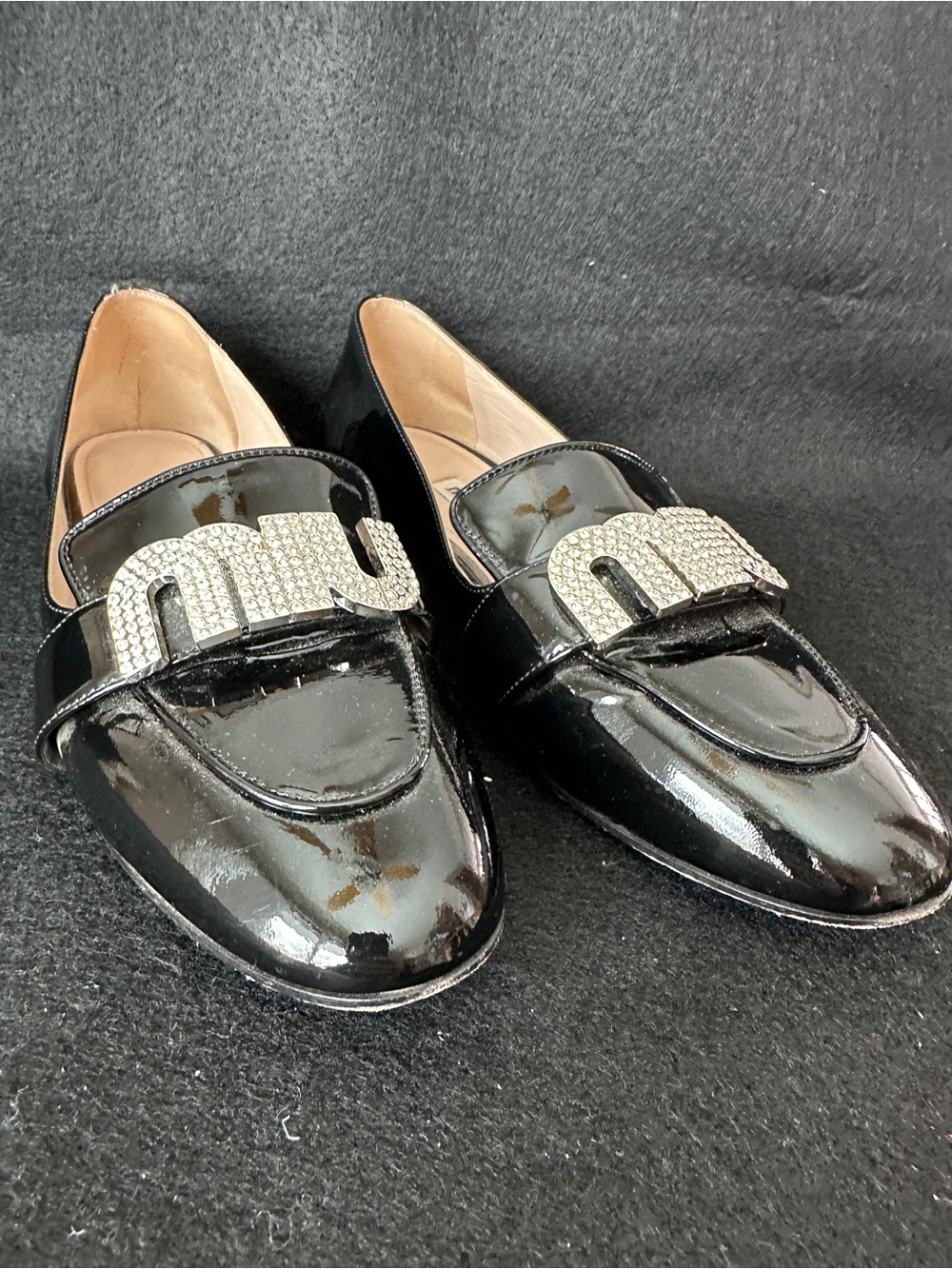 Miu Miu Vernice Black Patent Crystal jeweled Loafers size 35.